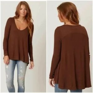 We The Free Malibu Thermal Top Womens Size S Brown Frayed Scoop Neck Long Sleev